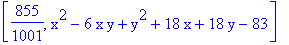 [855/1001, x^2-6*x*y+y^2+18*x+18*y-83]